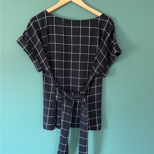 West Kei Black and White Windowpane Tie-Back Blouse